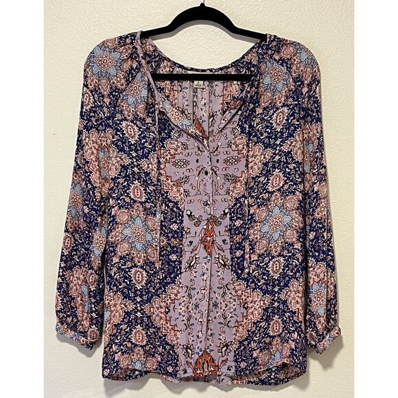 Lucky Brand Popover Top Size Small Mosaic Print Boho Colorful Floral Peasant - Picture 1 of 8